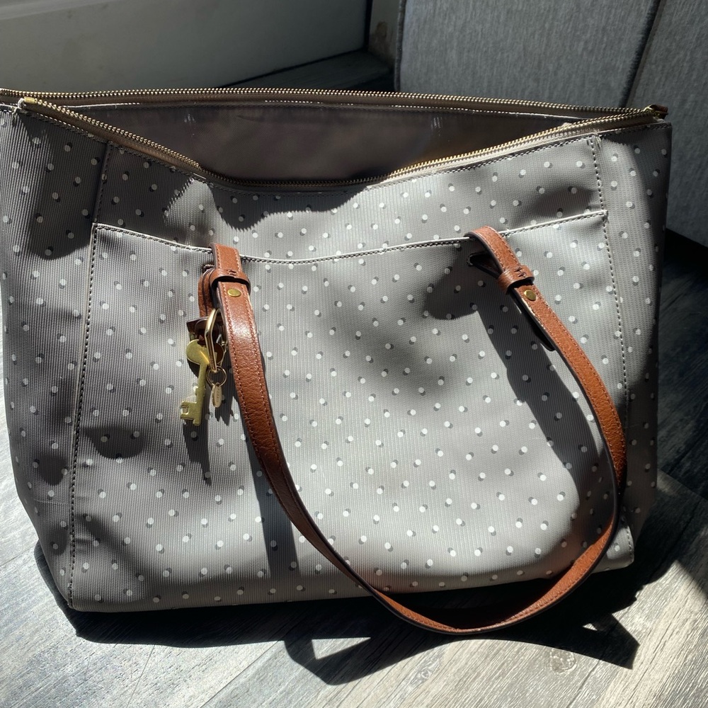 Fossil Gray Polka Dot Tote with Brown Straps